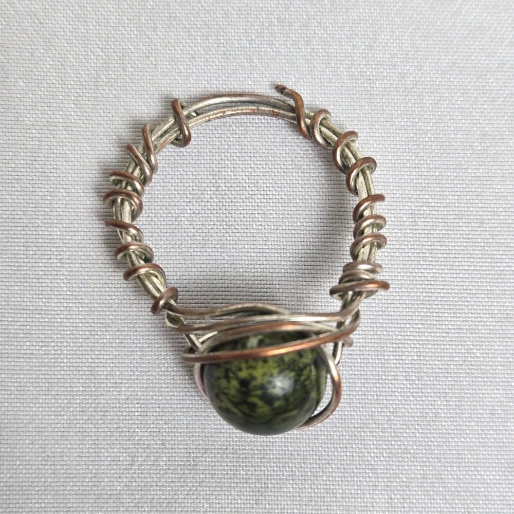 Handmade Wire Wrapped Ring Green Marbled Bead/Stone Size 7
